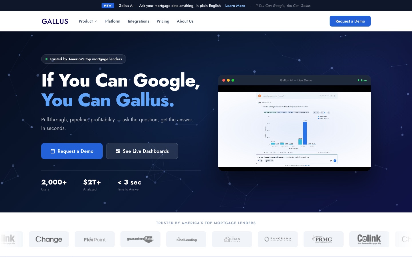 Gallus Insights homepage hero with live demo panel