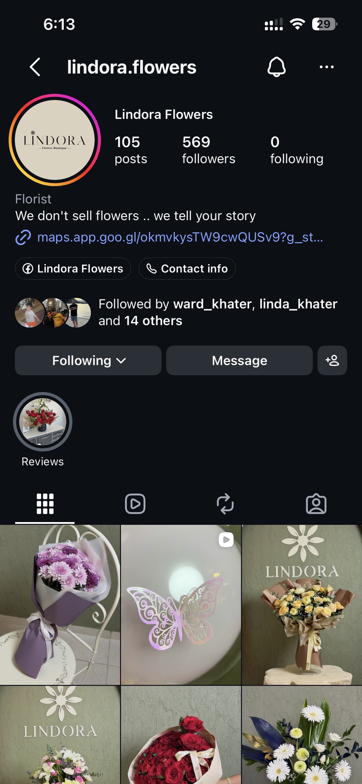 Lindora Flowers Instagram profile at 569 followers
