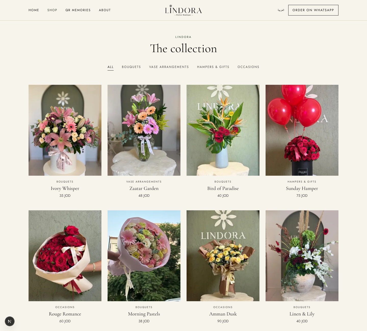 Lindora shop grid with photographed arrangements and prices in JOD