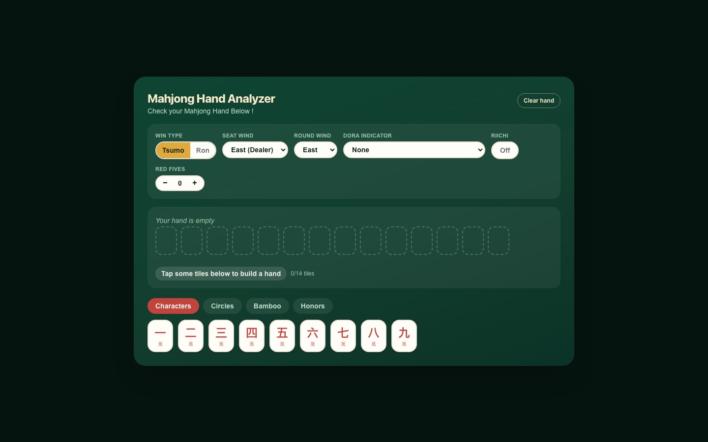 Mahjong Hand Analyzer web interface with tile picker