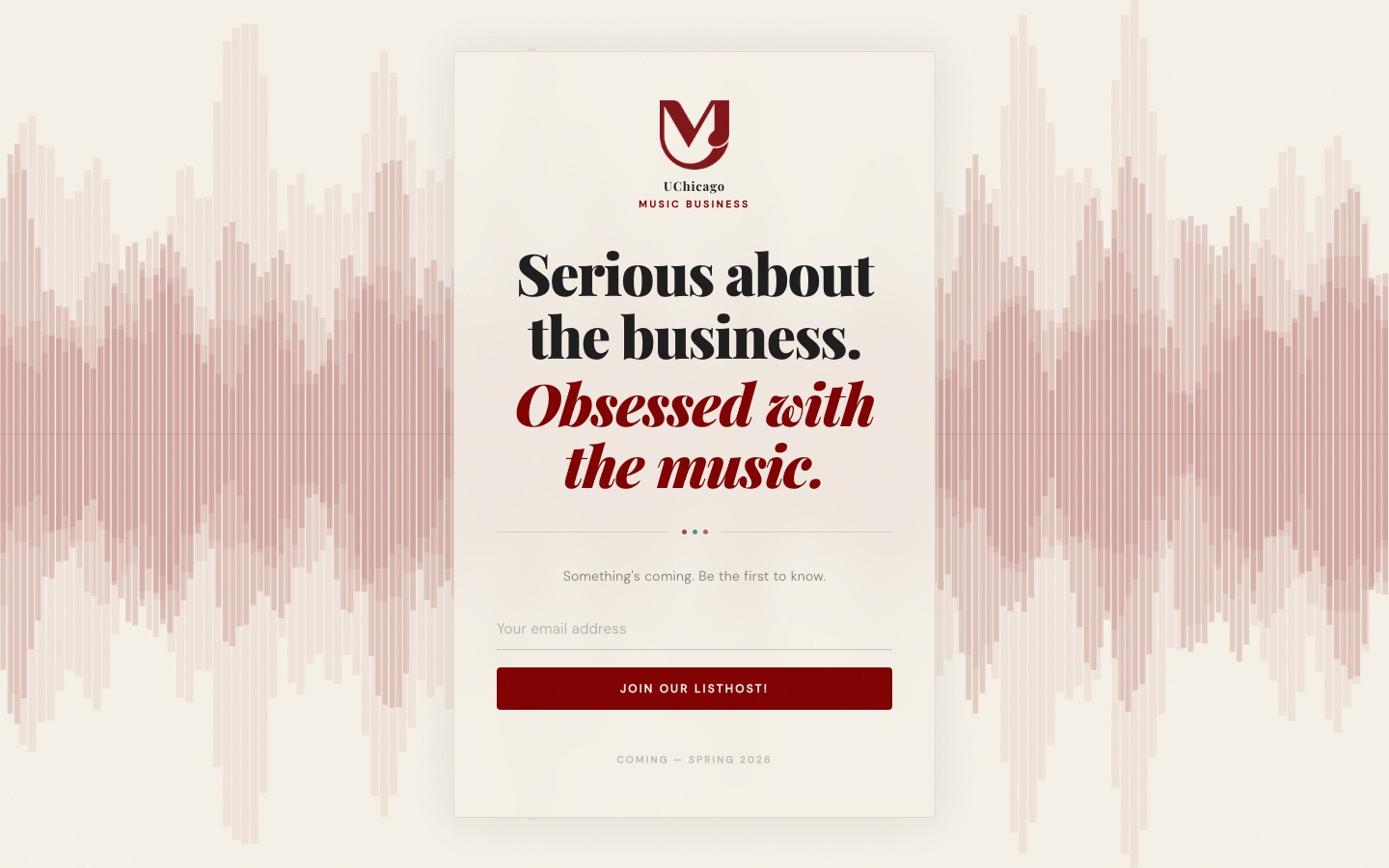 UChicago Music Business launch page with waveform background