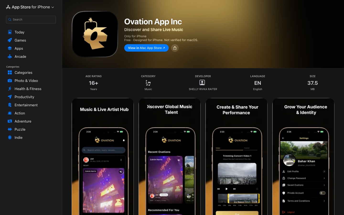 Ovation App Store listing with four iPhone screenshots